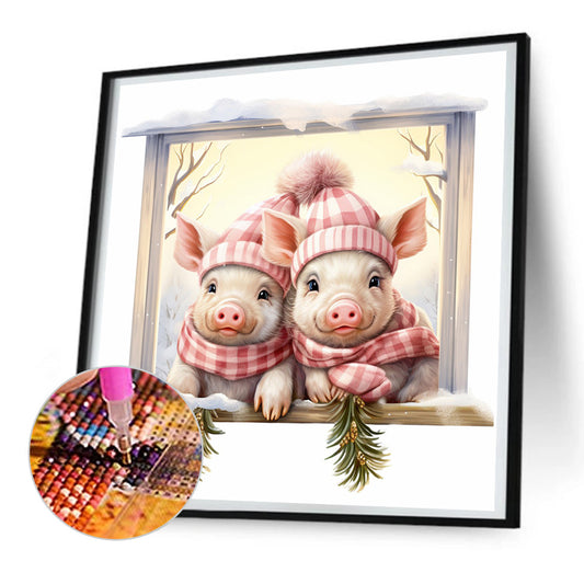 Window Animal Pig - Full Round Drill Diamond Painting 30*30CM