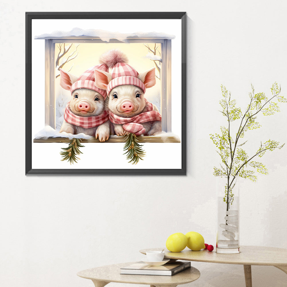 Window Animal Pig - Full Round Drill Diamond Painting 30*30CM