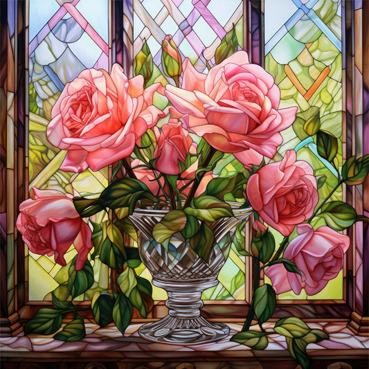Glass Painting - Pink Roses By The Window - 11CT Stamped Cross Stitch 50*50CM