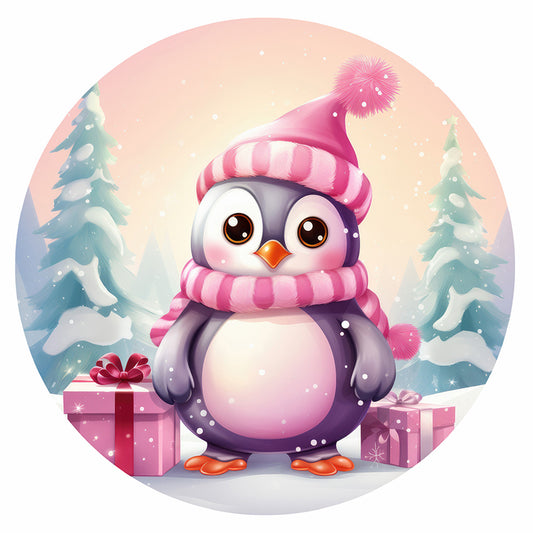 Pink Little Penguin In The Snow - Full Round Drill Diamond Painting 30*30CM