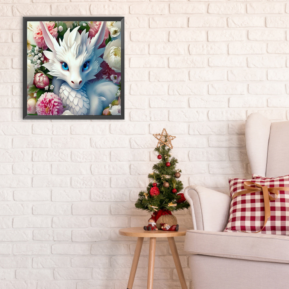White Dragon And Flower - Full Round Drill Diamond Painting 30*30CM