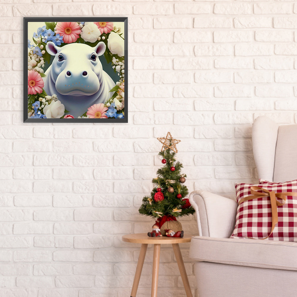 Hippopotamus And Flowers - Full Round Drill Diamond Painting 30*30CM