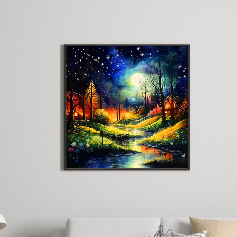 Night View Of Village Creek - Full Round Drill Diamond Painting 40*40CM