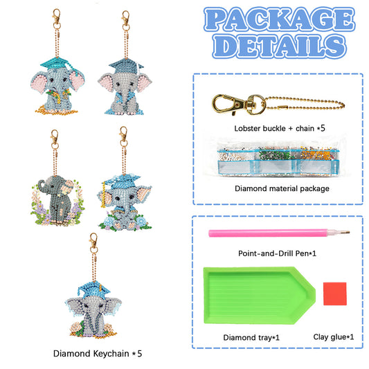 5PCS Double Sided Diamond Painting Keychain Full Drill Keyring Cute Elephant