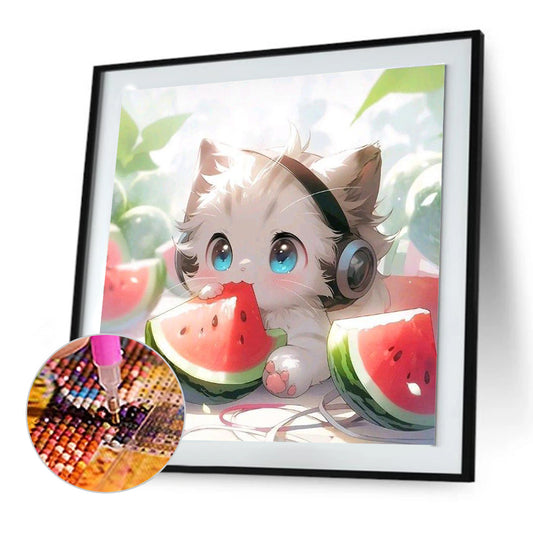 Cat Eating Watermelon - Full Round Drill Diamond Painting 30*30CM