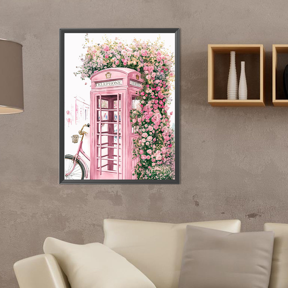 Pink Flower Phone Booth - Full Round Drill Diamond Painting 30*40CM