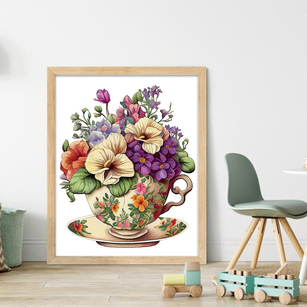 Flowers In Tea Cup - 18CT Stamped Cross Stitch 20*25CM