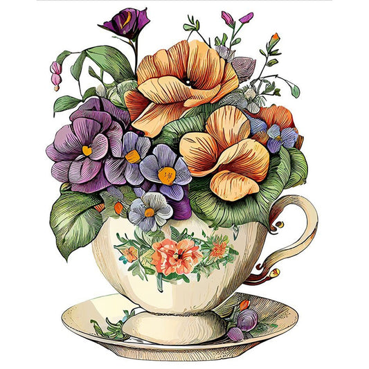 Flowers In Tea Cup - 18CT Stamped Cross Stitch 20*25CM