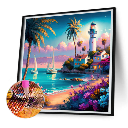 Beach Lighthouse - Full Round Drill Diamond Painting 30*30CM