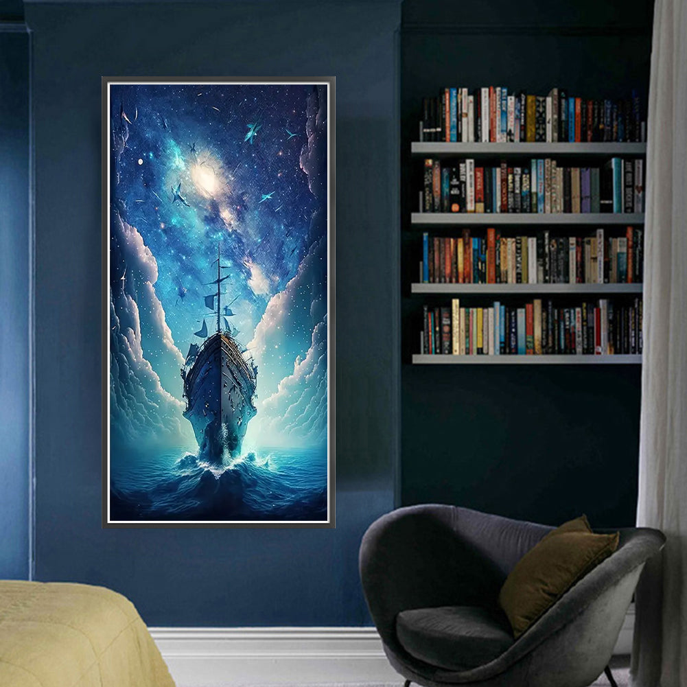 Ship At Sea Under Moonlight - 11CT Stamped Cross Stitch 40*80CM