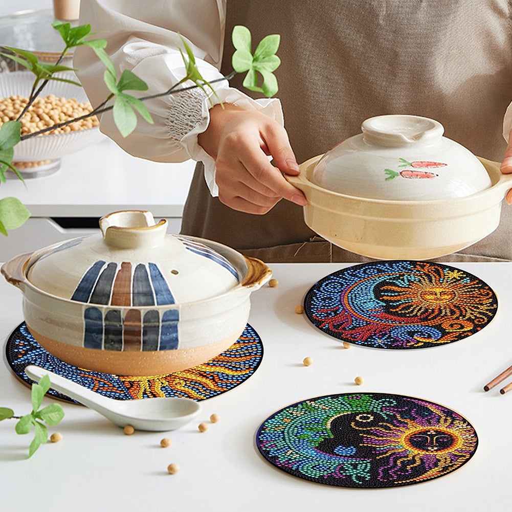 4PCS Wooden Diamond Painted Placemats for Dining Table Decor (Sun and Moon)