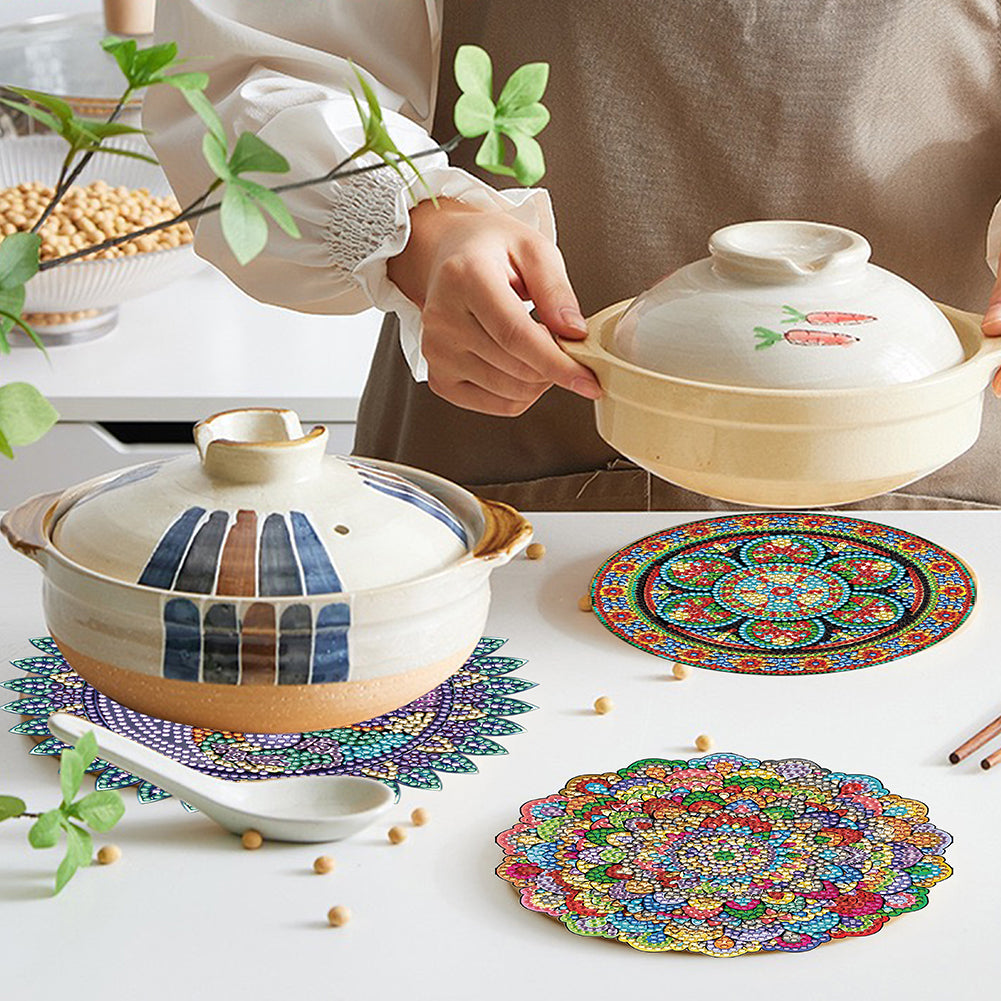 4PCS Wooden Diamond Painted Placemats for Dining Table Decor (Datura #8)