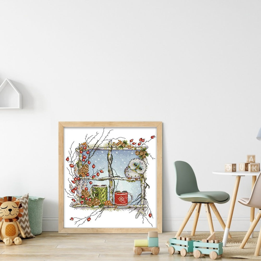 Owl On The Window - 14CT Stamped Cross Stitch 30*34CM
