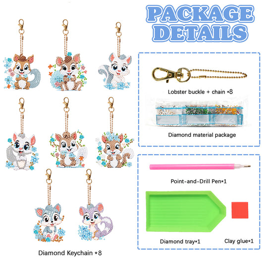 8PCS Double Sided Round Diamond Painting Art Keychain Pendant (Squirrel #6)