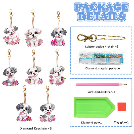 8PCS Double Sided Round Diamond Painting Art Keychain Pendant (White Dog)