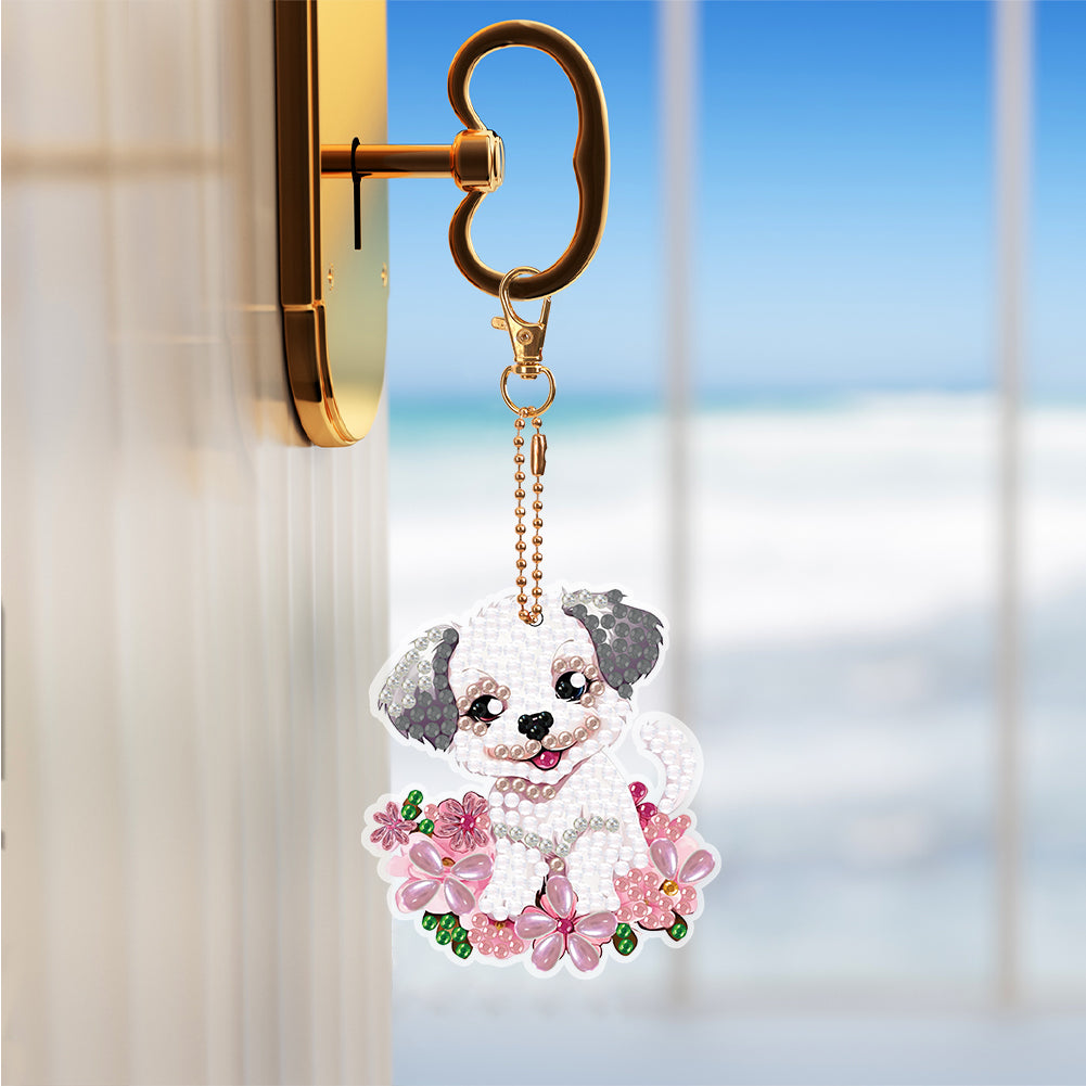 8PCS Double Sided Round Diamond Painting Art Keychain Pendant (White Dog)