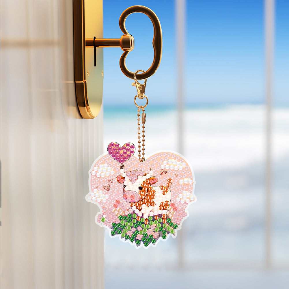 5PCS Double Sided Round Diamond Painting Art Keychain Pendant for Adults (Calf)