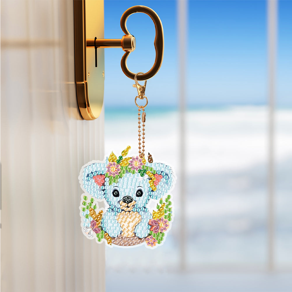 6PCS Double Sided Round Diamond Painting Art Keychain Pendant (Animal World)