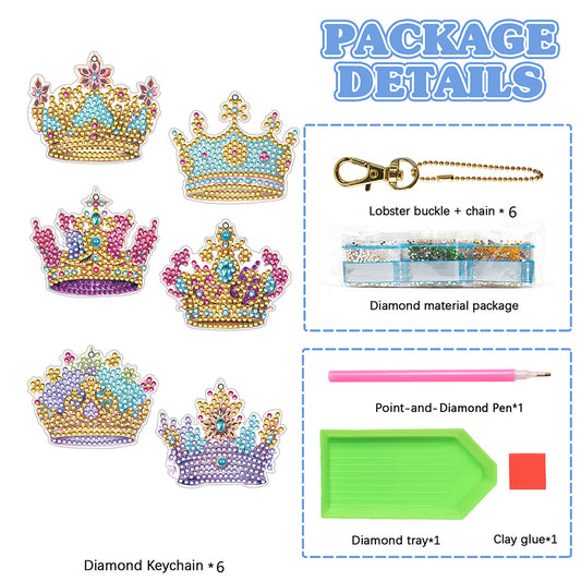 6PCS Double Sided Special Shape Diamond Painting Keychain for Beginners (Crown)