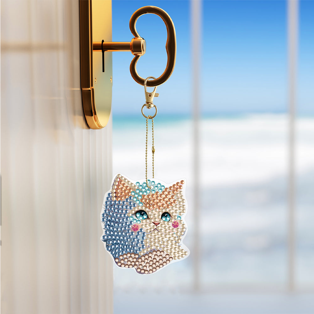 6PCS Double Sided Special Shape Diamond Painting Keychain for Beginners (Kitten)