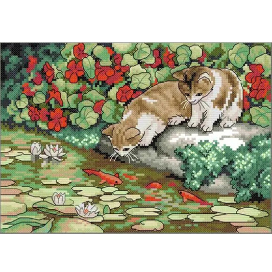 Cat And Fish - 14CT Stamped Cross Stitch 30*21CM
