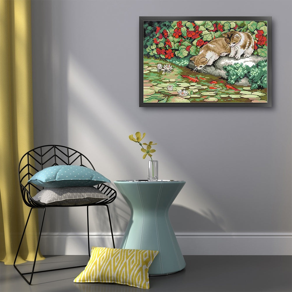 Cat And Fish - 14CT Stamped Cross Stitch 30*21CM