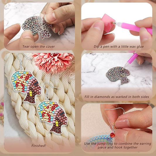 8PCS Double Sided Diamond Painting Earrings Girl Diamond Glitter Art Earring Kit