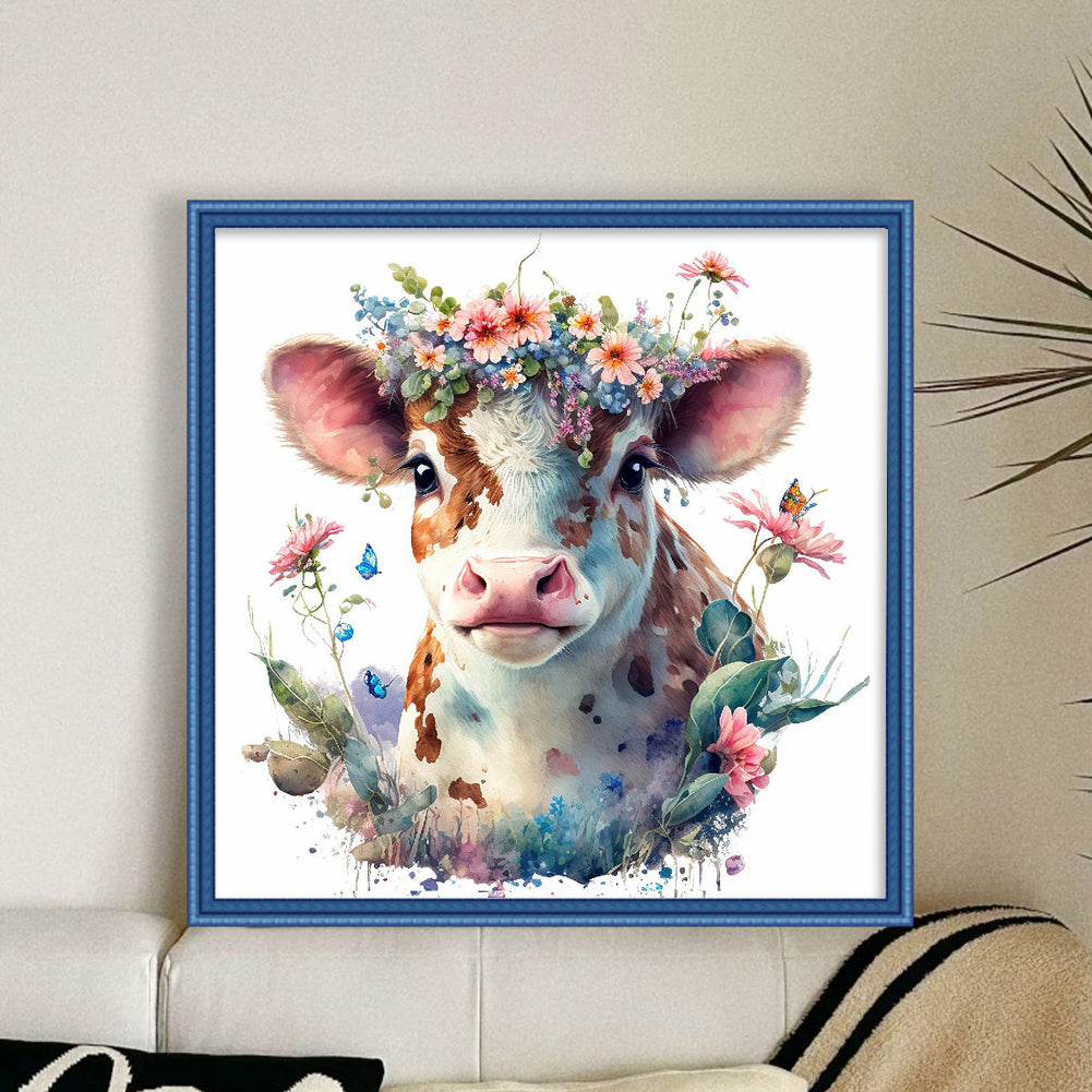 Flowers And Cow - 11CT Stamped Cross Stitch 40*40CM