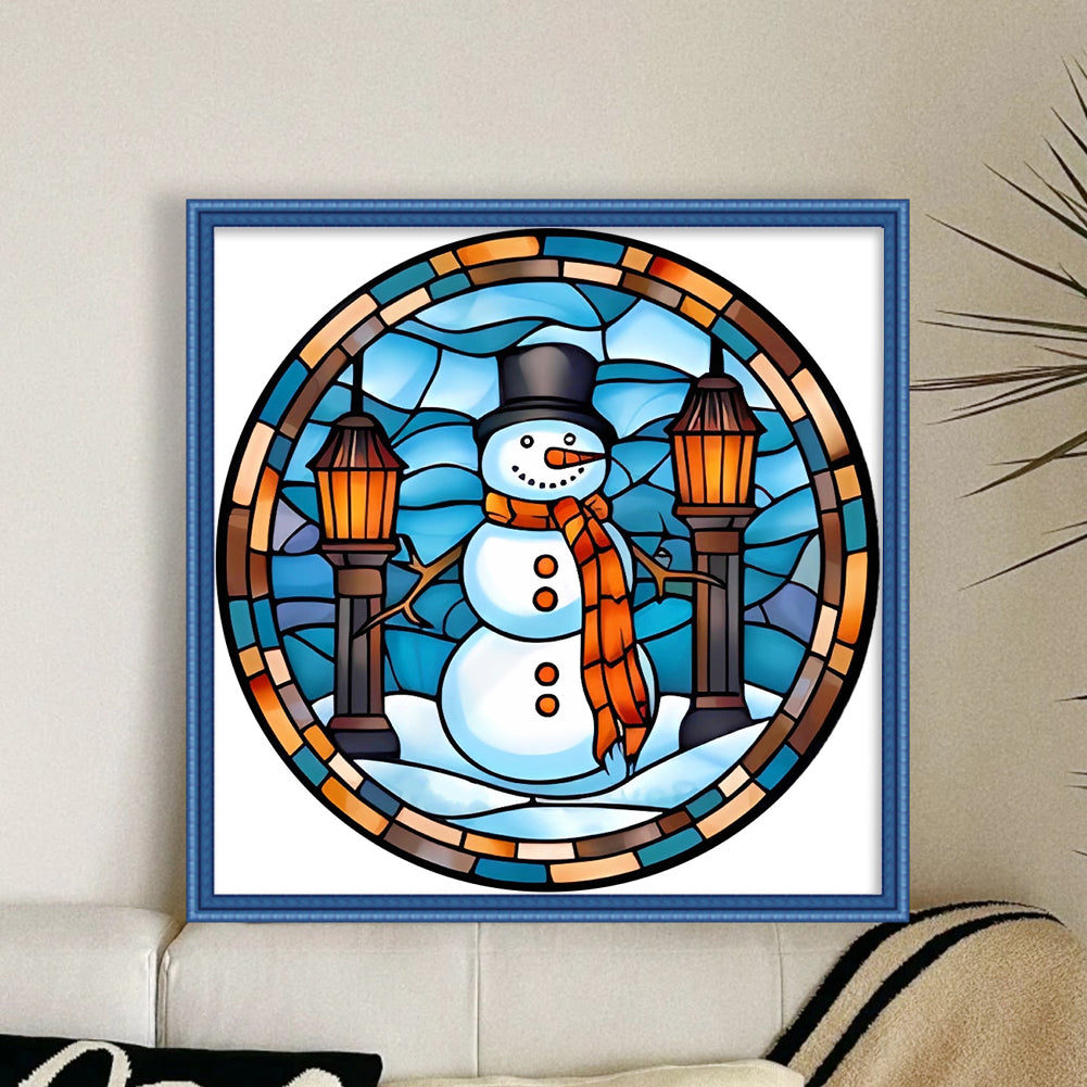 Glass Painting-Christmas Snowman - 18CT Stamped Cross Stitch 25*25CM(Joy Sunday)