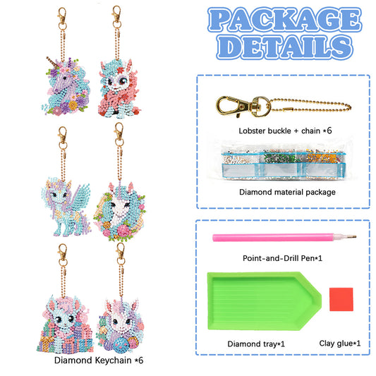 6 PCS Diamond Art Keyring Colorful Pony Double Sided Diamond Painting Keychain
