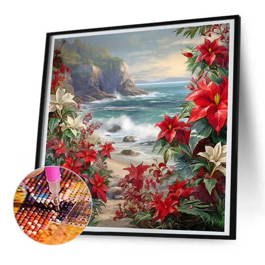 Red Flower Waves - Full Round Drill Diamond Painting 30*30CM