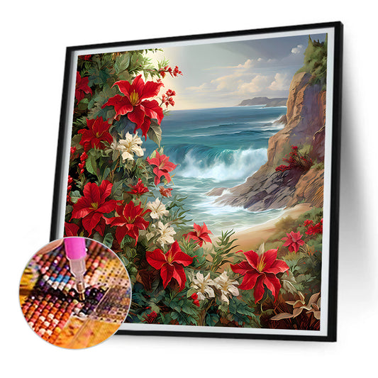 Red Flower Waves - Full Round Drill Diamond Painting 30*30CM