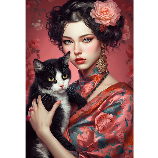 Girl And Cat - 11CT Stamped Cross Stitch 45*65CM