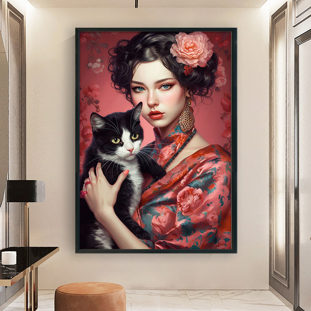 Girl And Cat - 11CT Stamped Cross Stitch 45*65CM