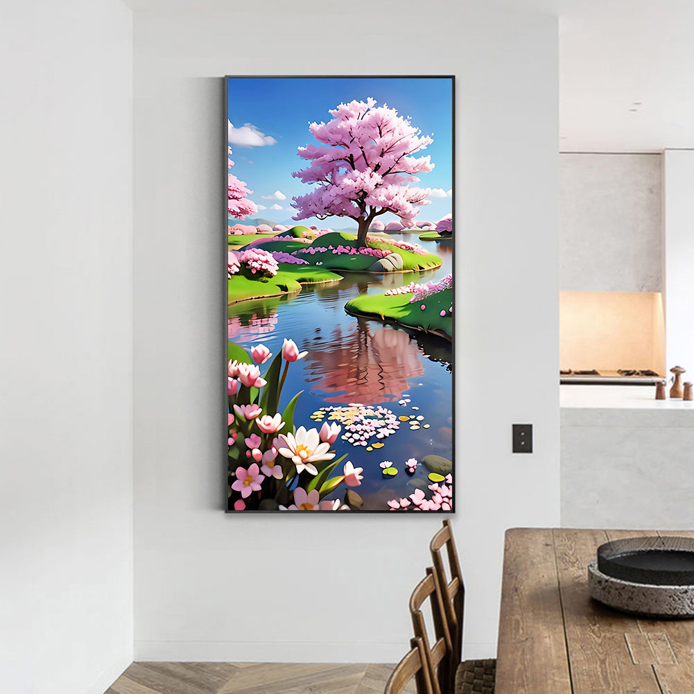 Peach Trees By The Lake - Full Round Drill Diamond Painting 40*70CM