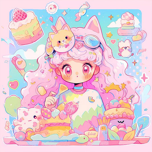 Pink-Haired Girl With Cat Ears And Dessert - Full AB Round Drill Diamond Painting 40*40CM