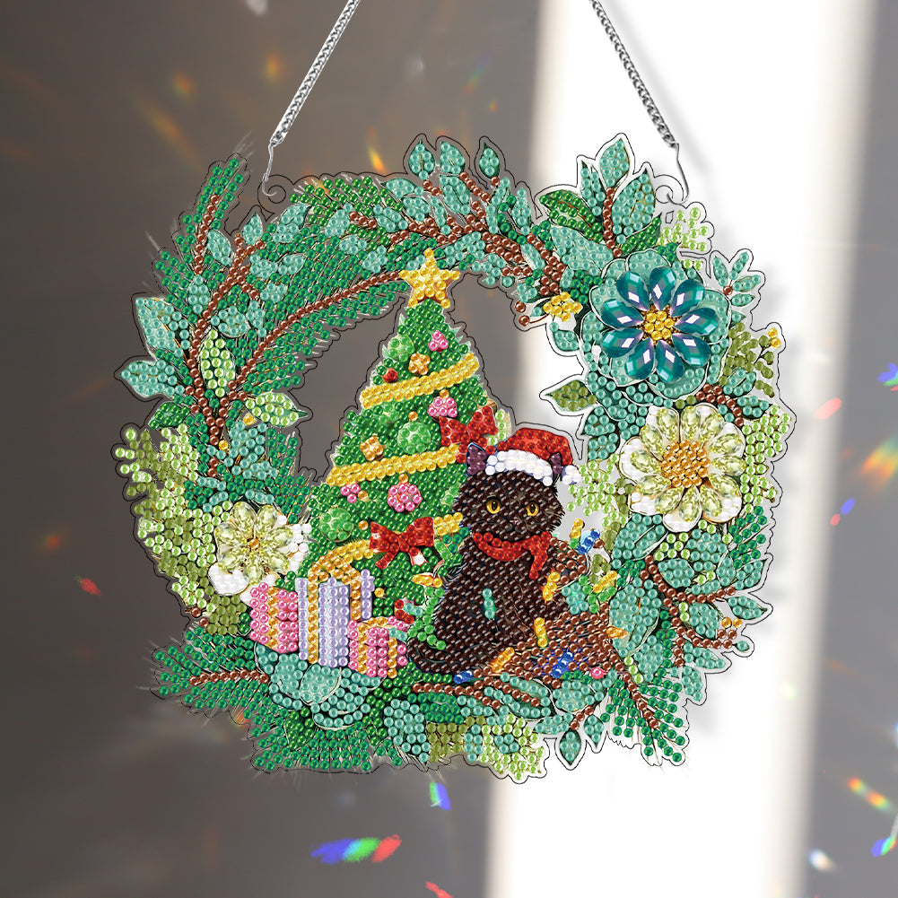 Christmas Special Shaped+Round Diamond Painting Art Wall Decor Wreath (Cat)