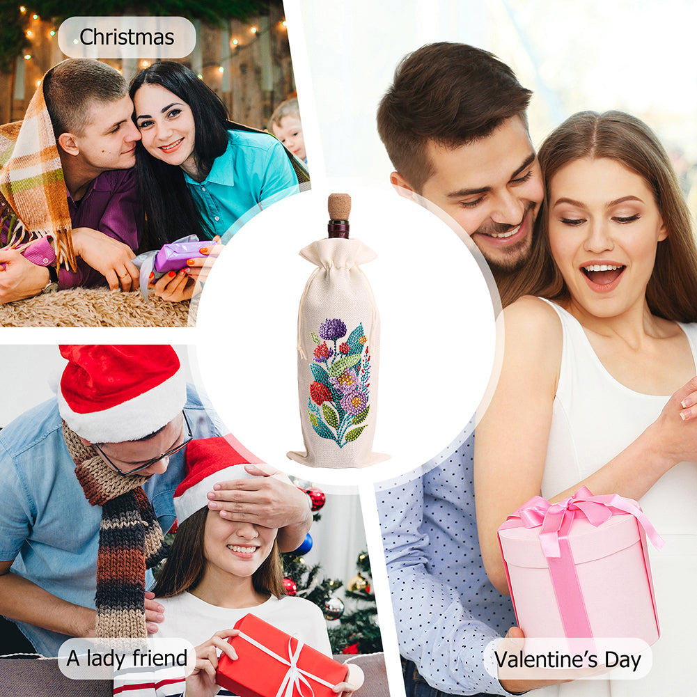 Diamond Painting Burlap Wine Gift Bags Label Liquor Bottle Covers (Flower)