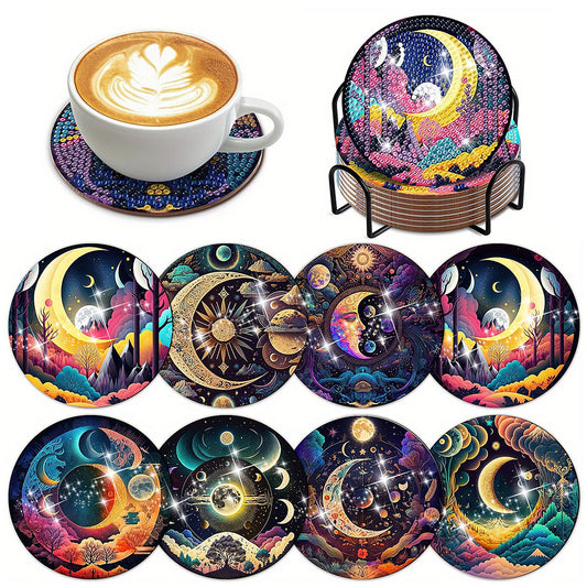 8 PCS Acrylic Diamond Painting Art Coaster Crafts Kit with Holder(Moonlit Scene)