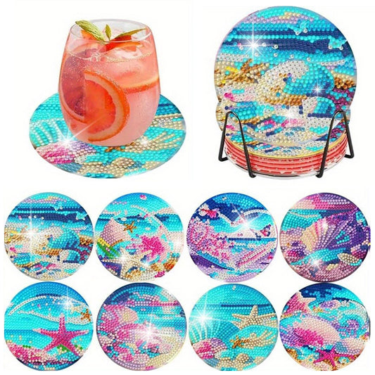 8 PCS Acrylic Diamond Painting Art Coaster Crafts Kit with Holder(Seafront View)
