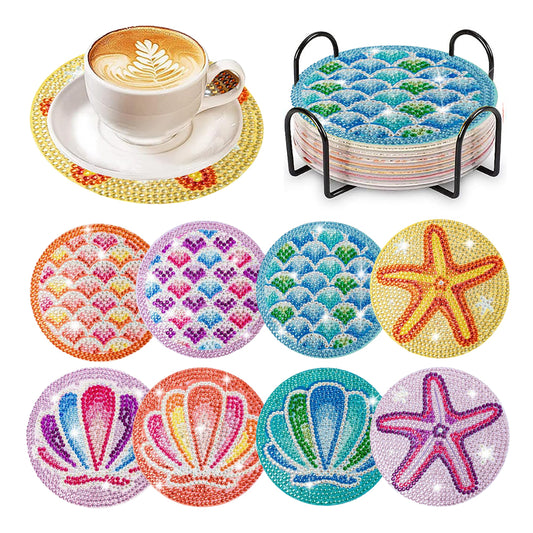 8 Pcs Acrylic Diamond Painting Art Coasters Kit with Holder (Ocean Pattern)
