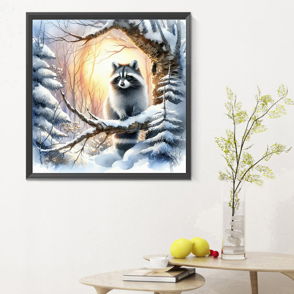 Raccoon In Snow - Full Round Drill Diamond Painting 30*30CM