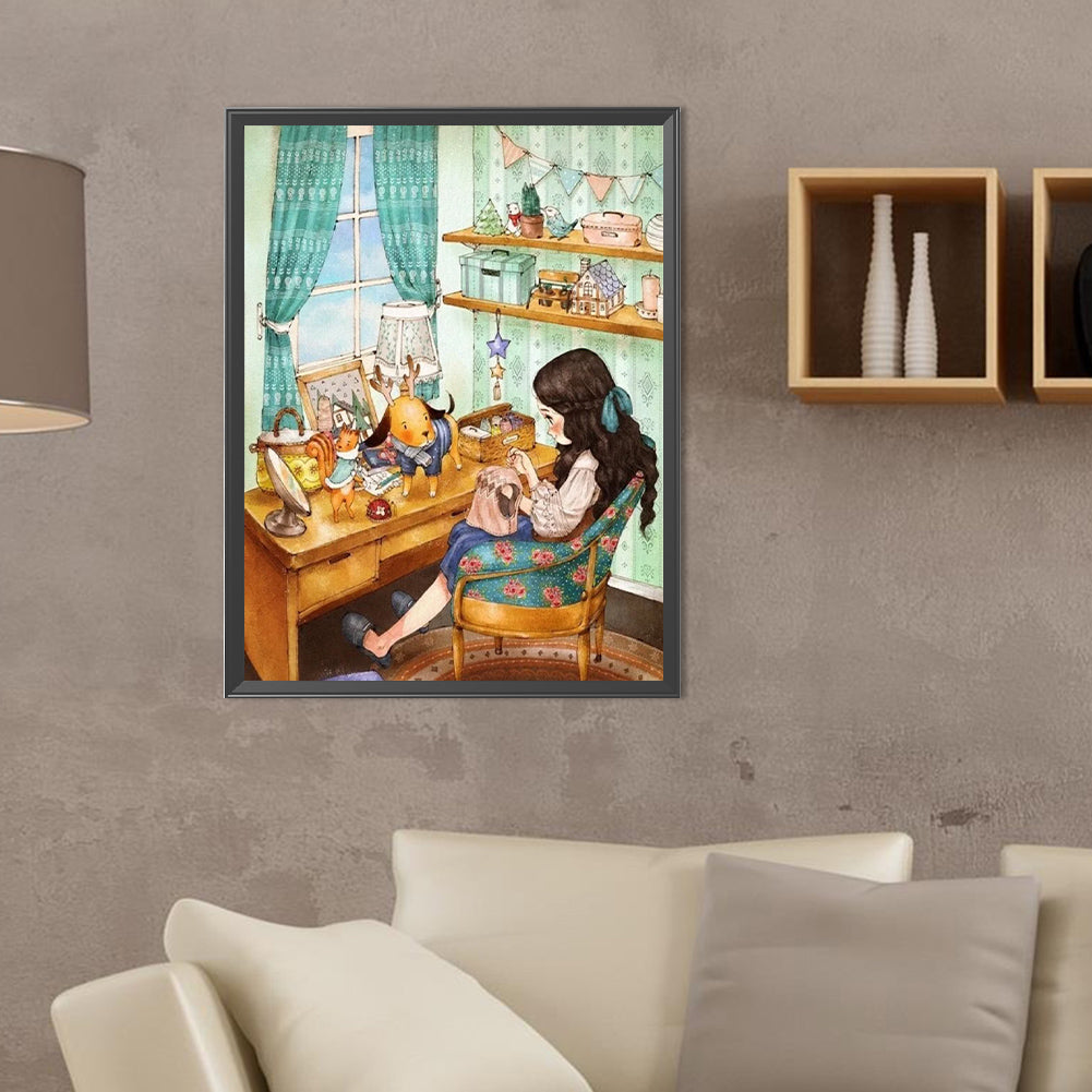 Girl Sewing Clothes - Full Round Drill Diamond Painting 30*40CM
