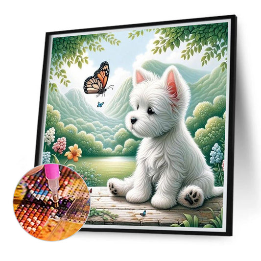 Puppy Playing With Butterfly - Full Round Drill Diamond Painting 40*40CM