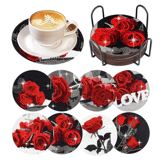 8 Pcs Acrylic Red Rose Diamond Painting Crafts Coaster with Holder for Beginners