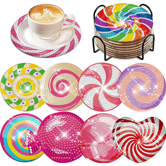 8 Pcs Wooden DIY Diamond Painting Art Coaster Kit with Holder (Spiral Pattern)