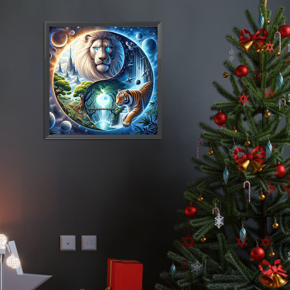 Yin Yang Diagram White Lion And Tiger - Full Round Drill Diamond Painting 40*40CM