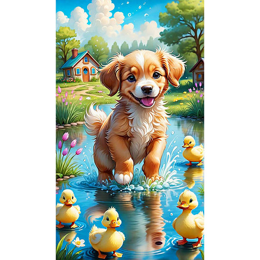 Dog Playing In The River - Full Round Drill Diamond Painting 40*70CM
