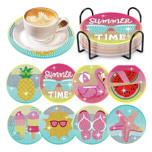 8 Pcs Wooden DIY Diamond Painting Coasters Kits with Holder (Colourful Holiday)
