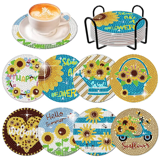 8 Pcs Wooden Diamond Painting Coasters Kits with Holder for Beginners(Sunflower)